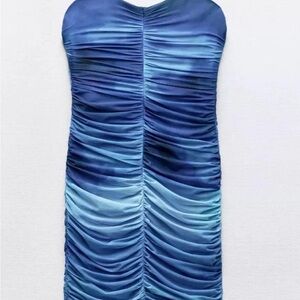 Zara Blue Ruched Strapless Sheath Dress